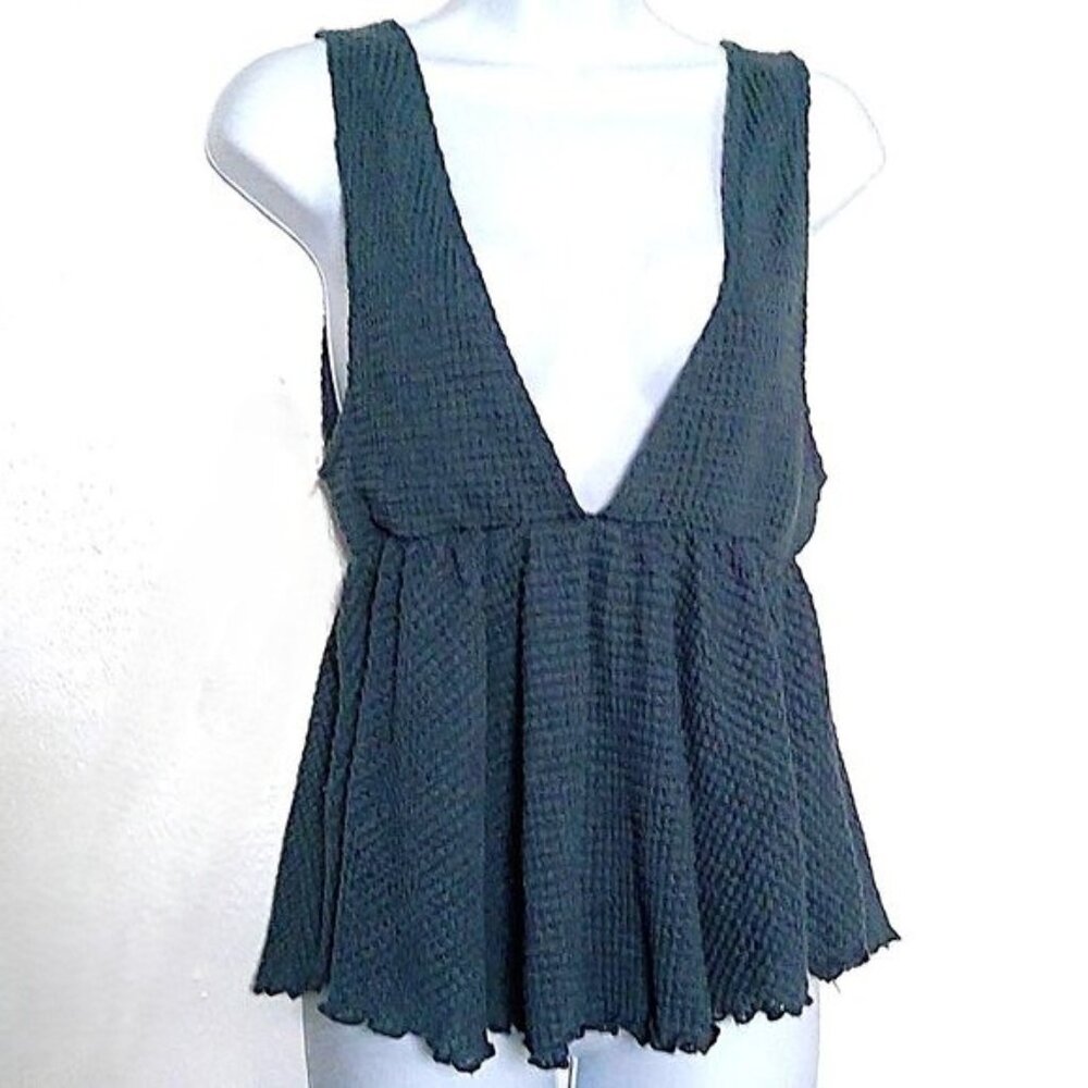 New Anama Plunge Double V Neck Teal Stretch Empire Peplum Babydoll Knit NWT Sz L